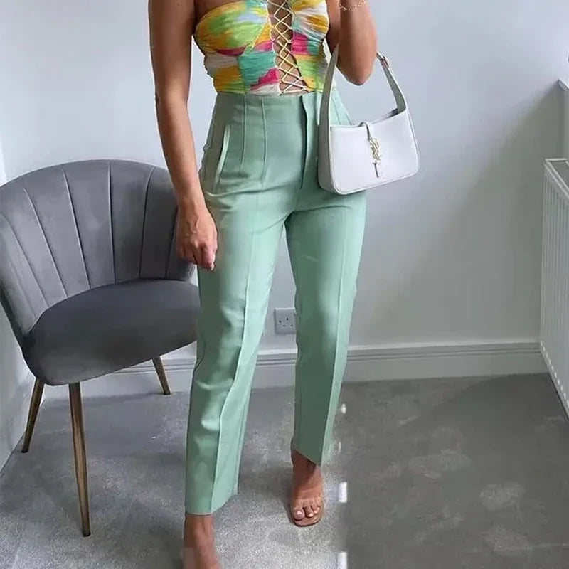 TRAFZA Women Elegant Solid Pencil Pants High Waist Pant For Women Casual Streetwear Woman Trousers Office Wear Chic Pant