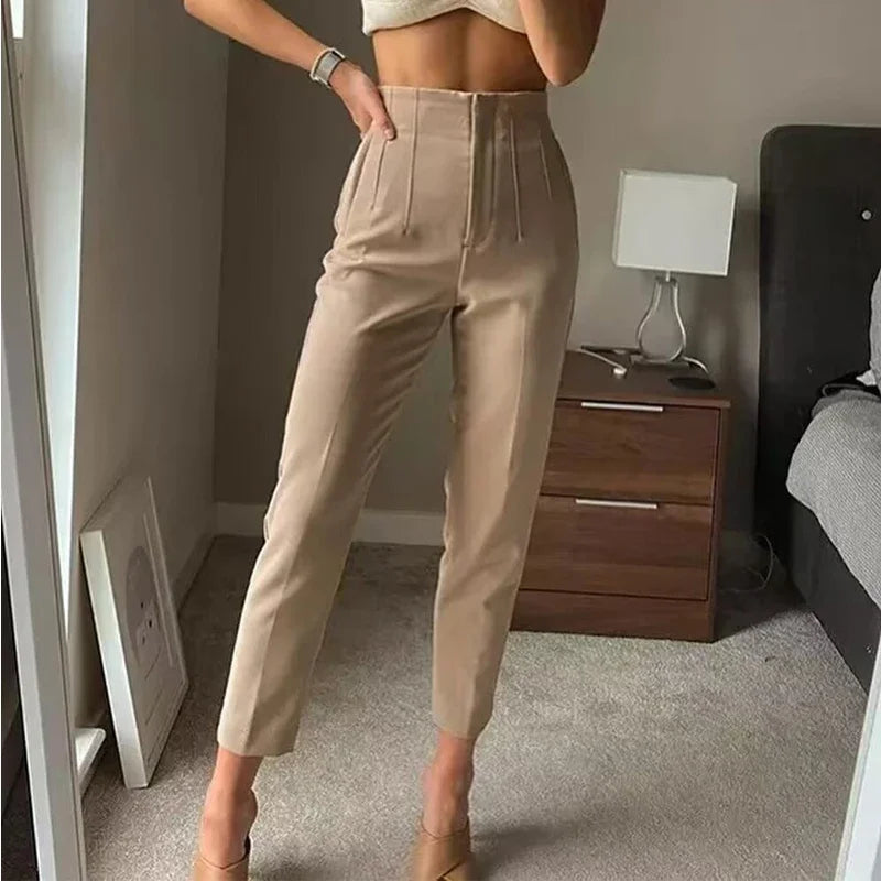 TRAFZA Women Elegant Solid Pencil Pants High Waist Pant For Women Casual Streetwear Woman Trousers Office Wear Chic Pant