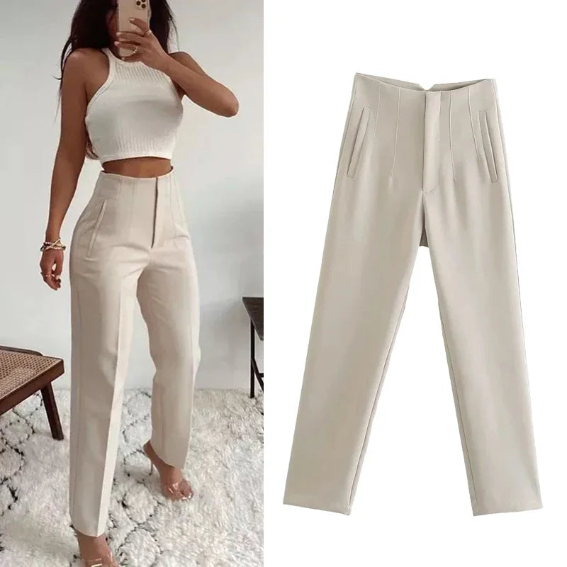 TRAFZA Women Elegant Solid Pencil Pants High Waist Pant For Women Casual Streetwear Woman Trousers Office Wear Chic Pant