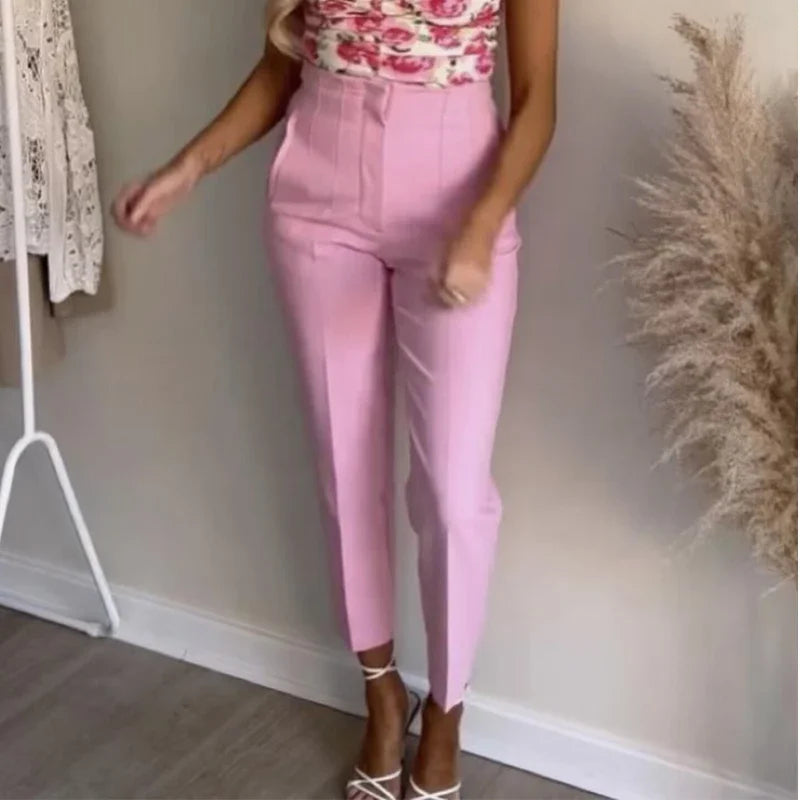 TRAFZA Women Elegant Solid Pencil Pants High Waist Pant For Women Casual Streetwear Woman Trousers Office Wear Chic Pant