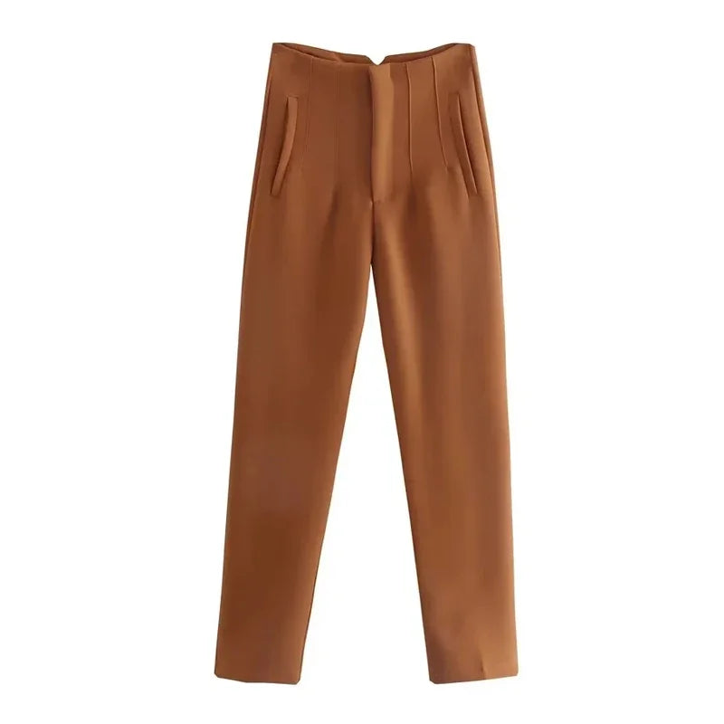 TRAFZA Women Elegant Solid Pencil Pants High Waist Pant For Women Casual Streetwear Woman Trousers Office Wear Chic Pant